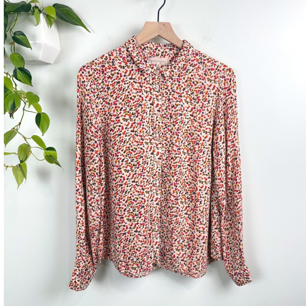 Philosophy Womens Pink Ditsy Floral Viscose Long Sleeve Button Down Blouse M
